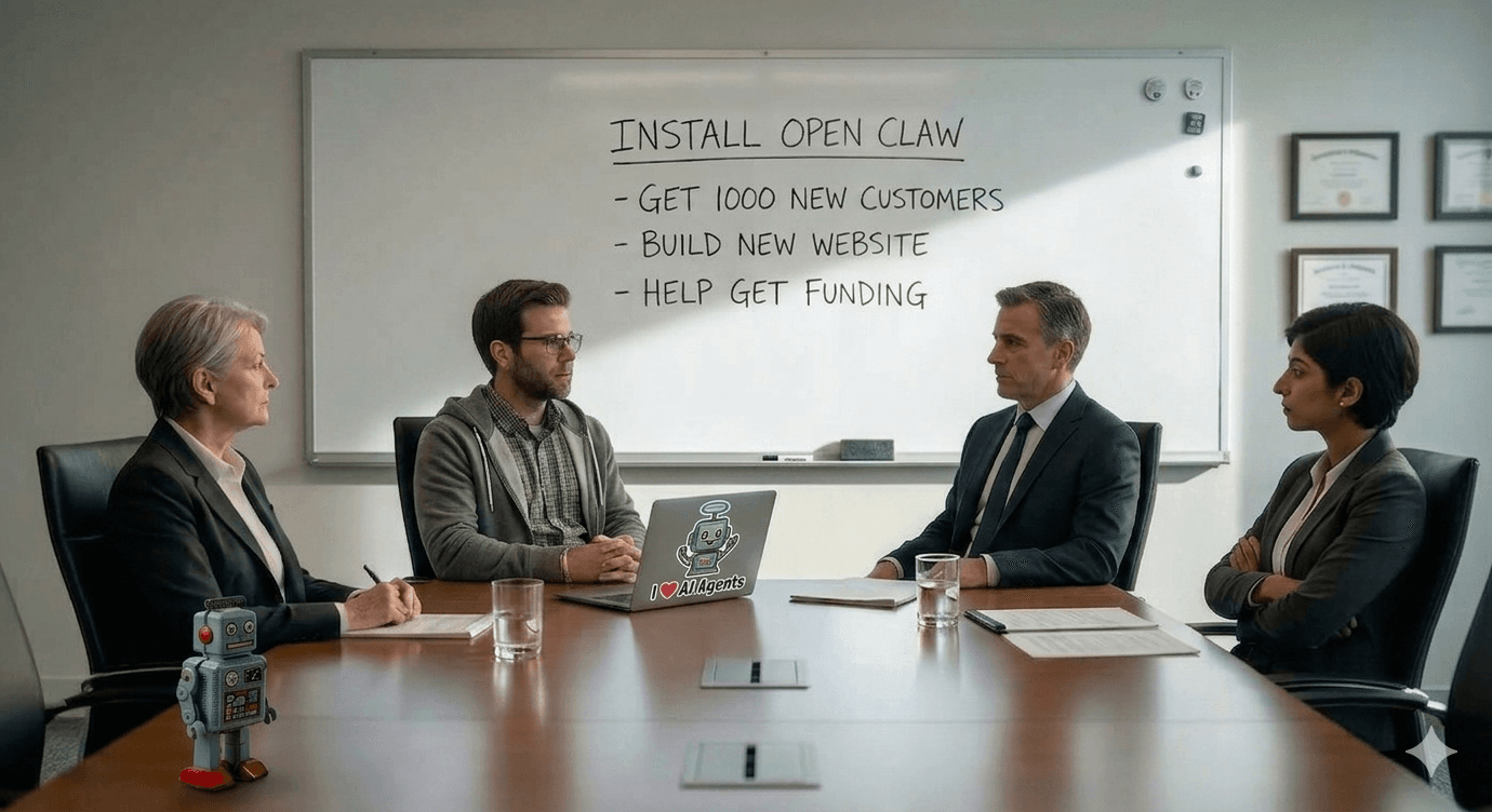 AI Agents guy presenting to managers in boardroom with Open Claw whiteboard