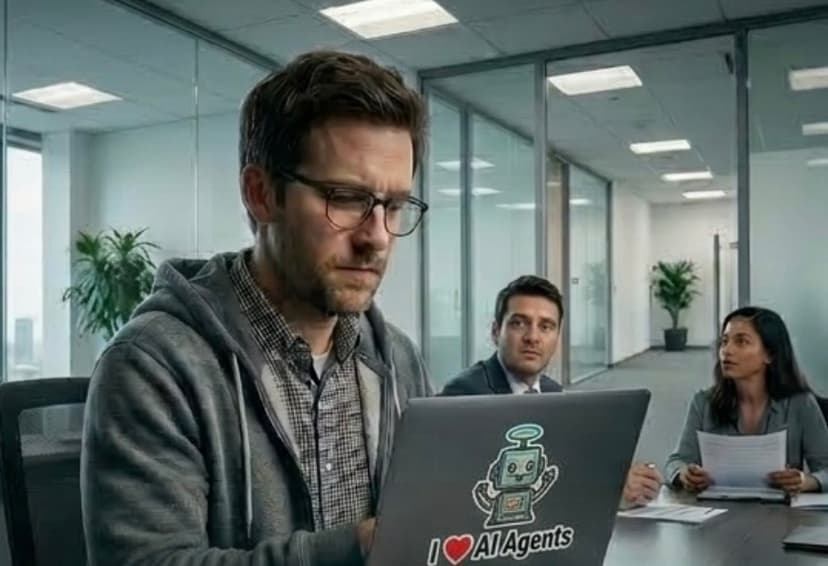 Staff member with I love AI Agents laptop sticker