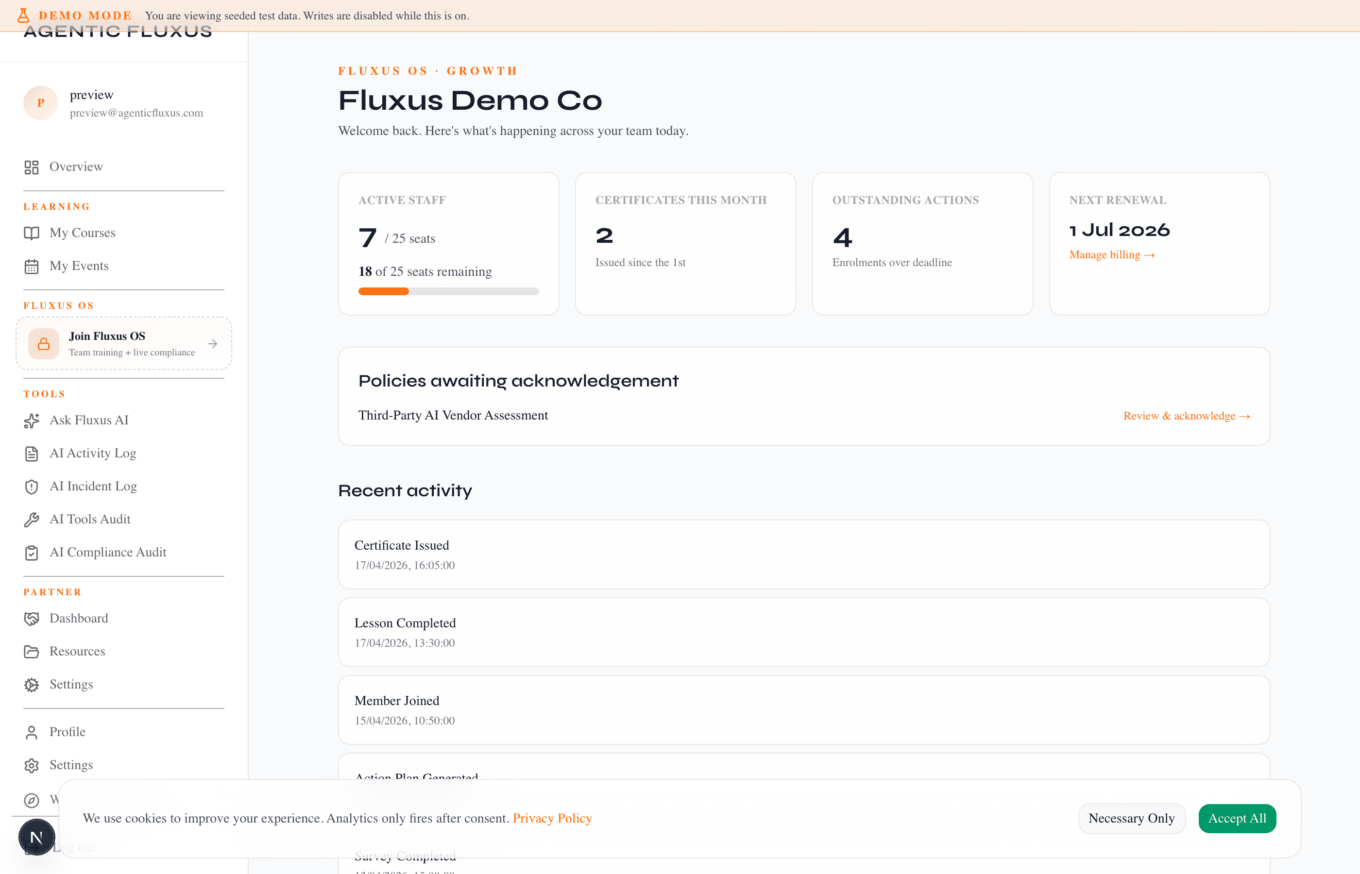 Fluxus OS team overview page showing seat usage, recent activity, and policy acknowledgements.