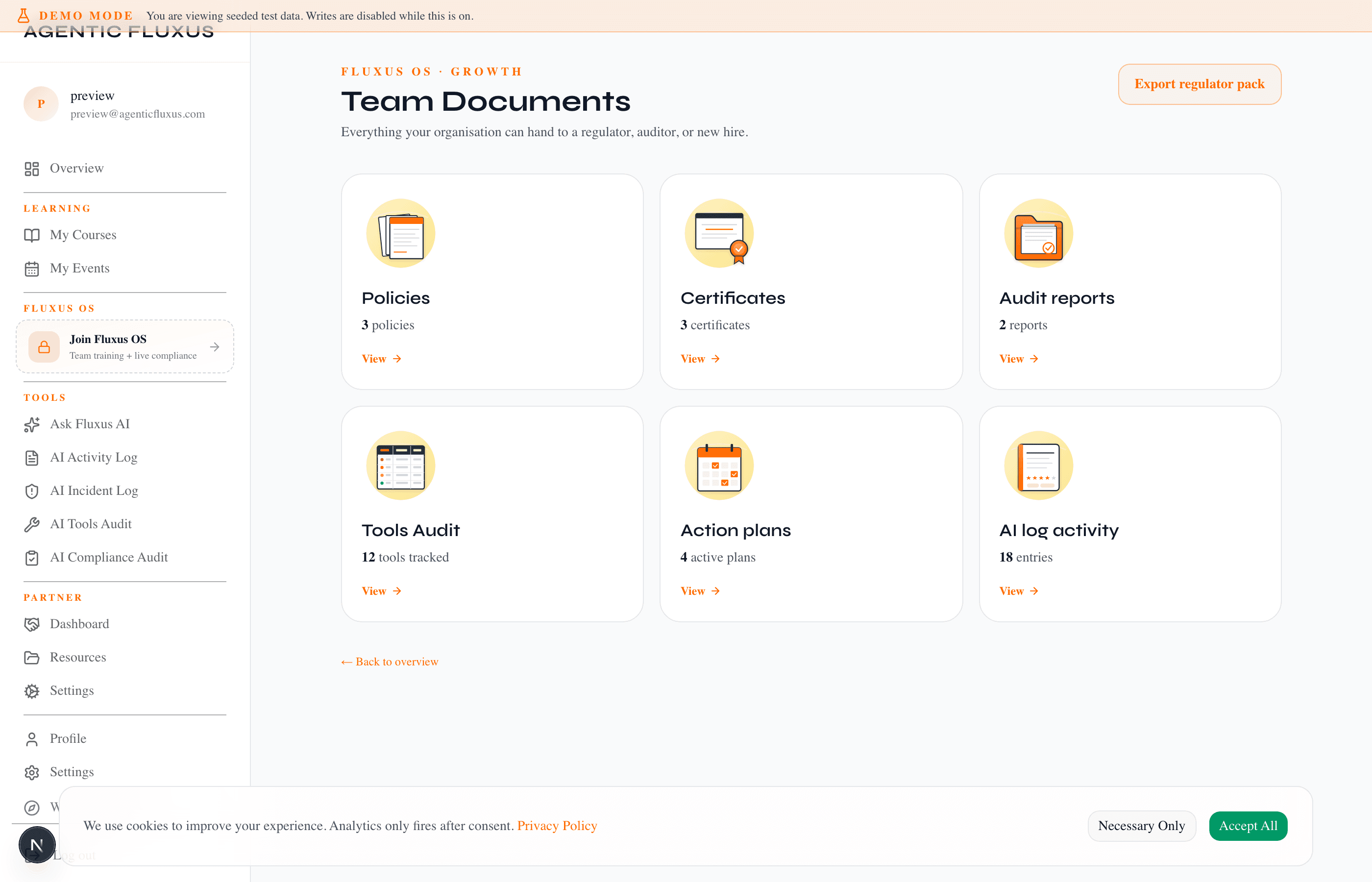 Fluxus OS Team Documents page with a six-tile grid: Policies, Certificates, Audit reports, Tools Audit, Action plans, AI Activity Log.