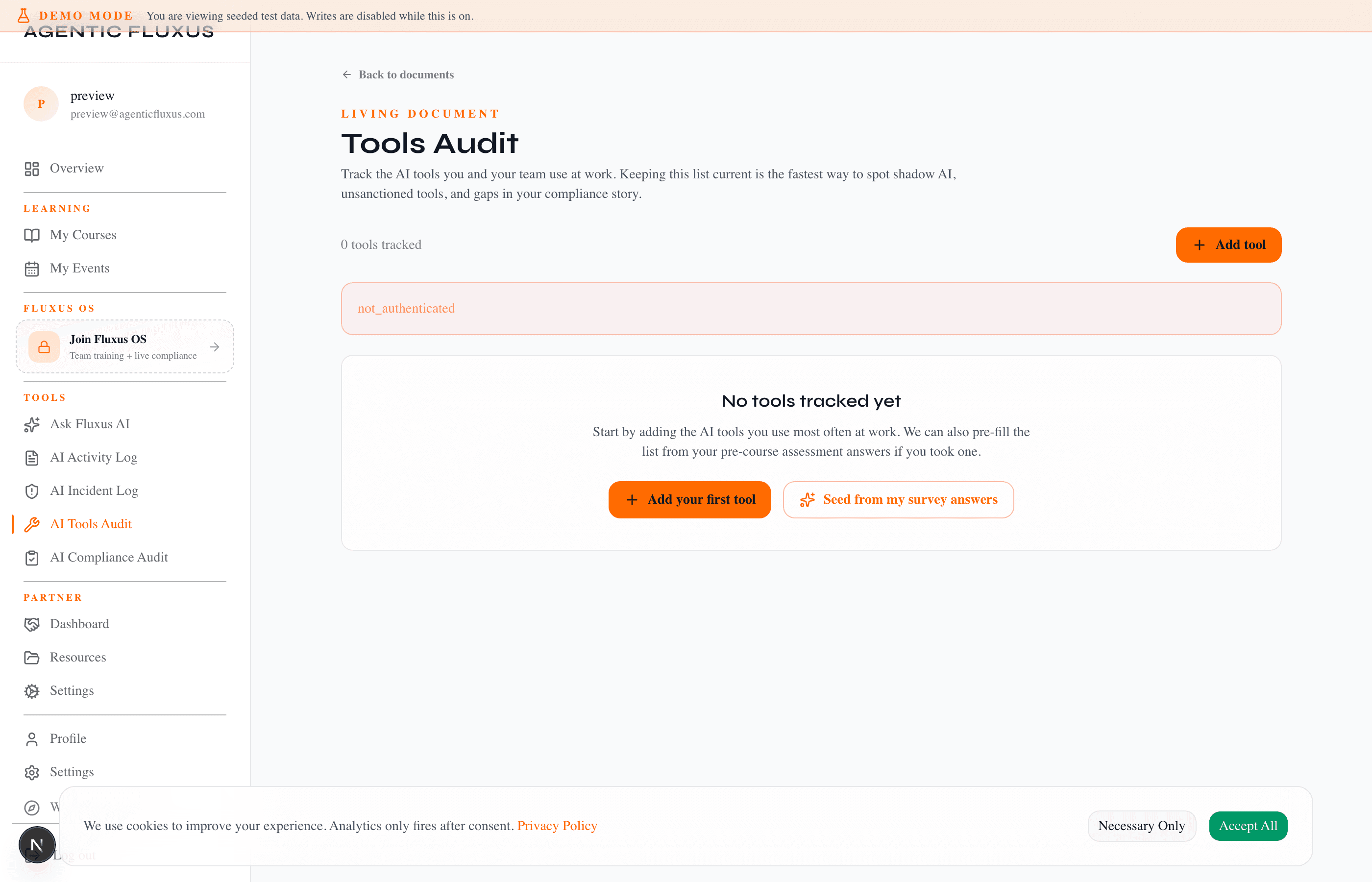 Fluxus OS AI tool register showing rows of tools with risk tier, sanctioned status, owner, and review date.