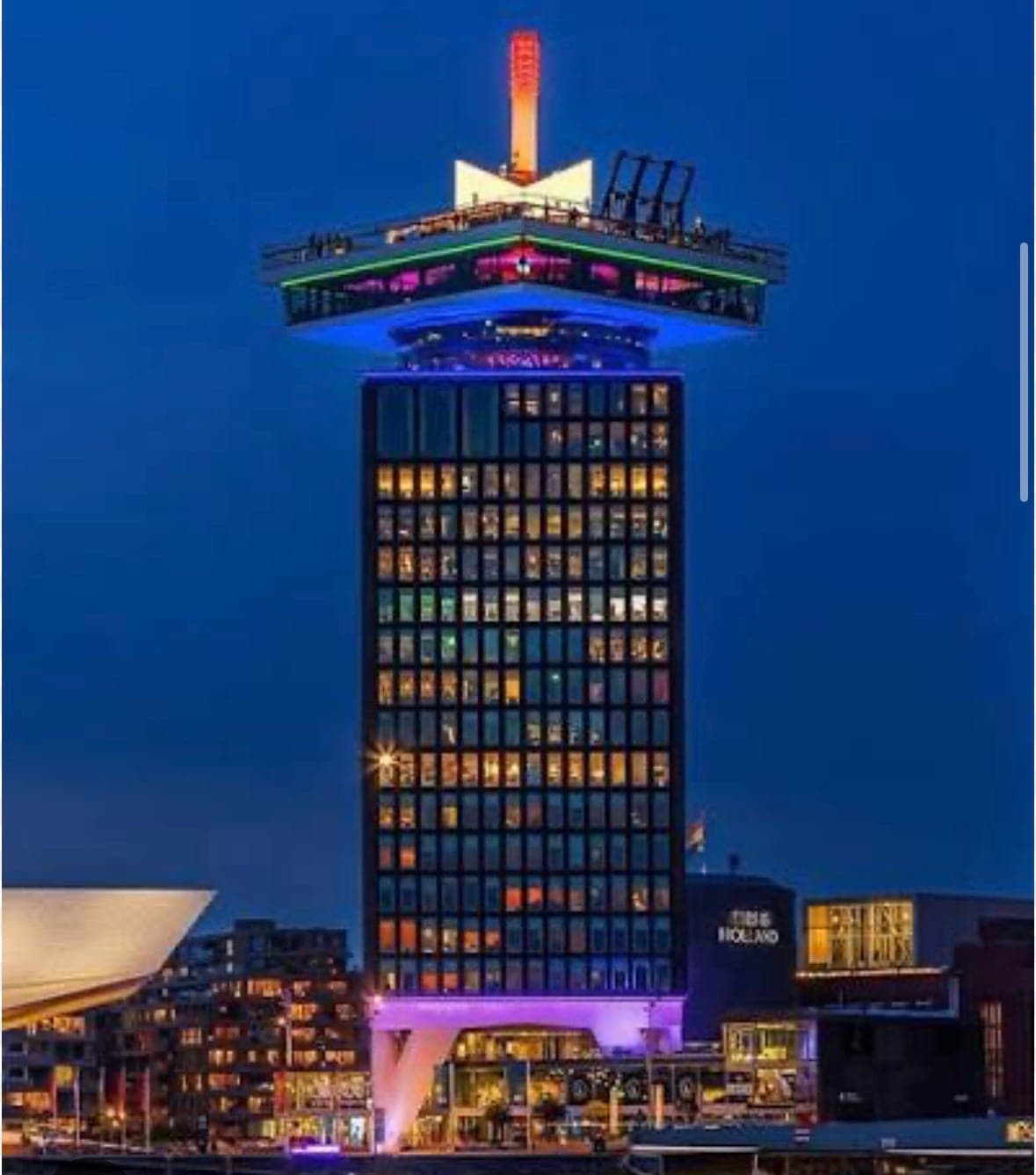 The A'DAM Tower on the IJ waterfront, the Agentic Fluxus home base in Amsterdam