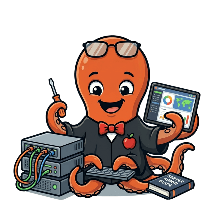 Flux in a suit, surrounded by server hardware, dashboard tablet, screwdriver, and a server admin guide