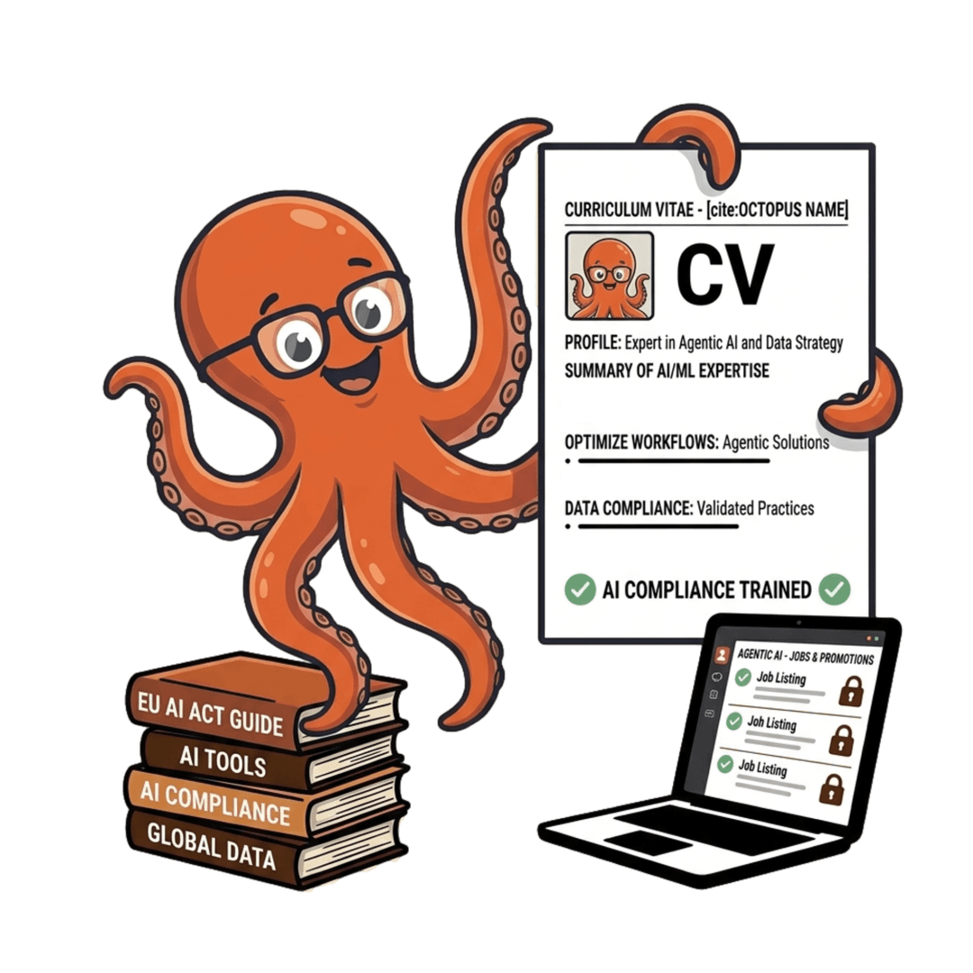Flux, the Agentic Fluxus octopus, holding up a CV stamped AI Compliance Trained beside a laptop of agentic AI job listings