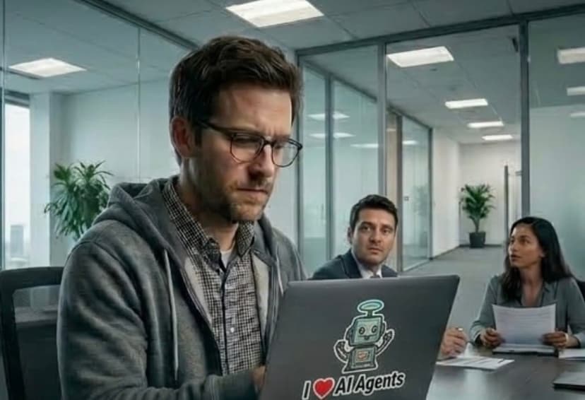Staff member with I love AI Agents laptop sticker