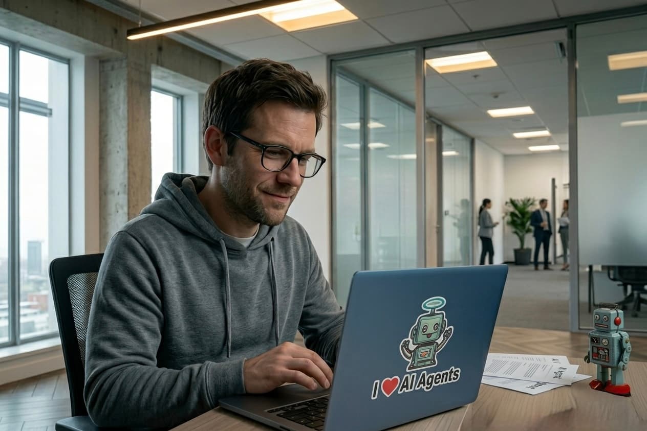 Person doing the Staff AI Awareness course on laptop with I Love AI Agents sticker