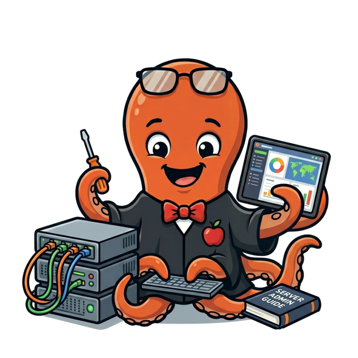 Flux in a suit, surrounded by server hardware, dashboard tablet, screwdriver, and a server admin guide